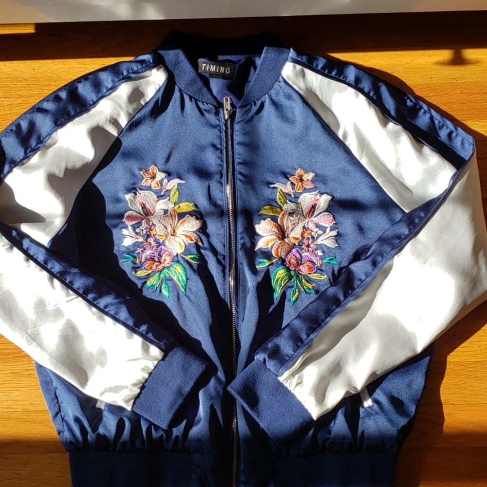 Embroidered Blue Bomber Jacket